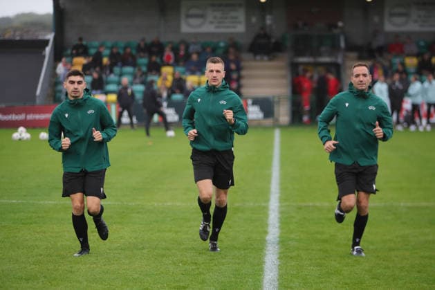 U21, U 21 Wales v U21 Austria, U21 UEFA EUROPEAN CHAMPIONSHIPS, Qualifier Referee Assistant Stipe BrajkoviÄ‡, Referee Mateo Erceg and Referee Assistant Luka PajiÄ‡ during the U21 UEFA EUROPEAN CHAMPIONSHIPS qualification match between U21 Wales and U21 Austria at the Oval, Caernarfon, UK on 6 October 2026. Caernarfon the Oval Wales UK Editorial use only , Copyright: xAlunxRobertsx PSI-24971-0157