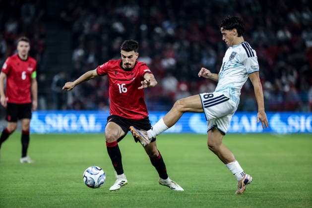 Albania vs San Marino UEFA Nations League 2026-2027 Group C1 Julian Shehu of Albania and Lorenzo Capicchioni of San Marino in action during the UEFA Nations League 2026-2027 group phase match between Albania and San Marino in Tirana, Albania on October 6, 2026 Tirana Albania  Copyright: xArmandoxBabanix