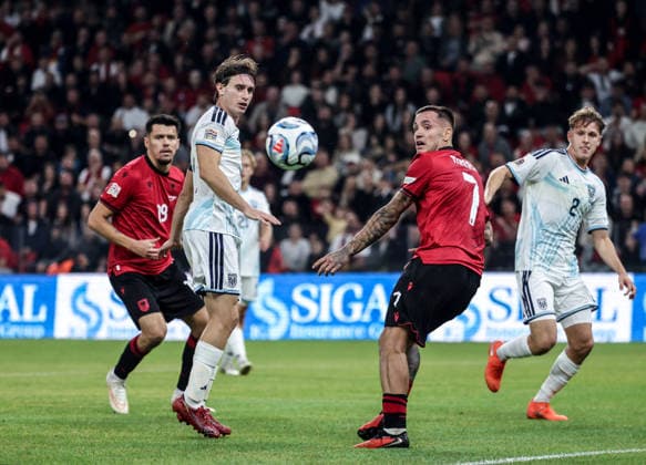 Albania vs San Marino UEFA Nations League 2026-2027 Group C1 Rei Manaj of Albania and Filippo Fabbri of San Marino in action during the UEFA Nations League 2026-2027 group phase match between Albania and San Marino in Tirana, Albania on October 6, 2026 Tirana Albania  Copyright: xArmandoxBabanix
