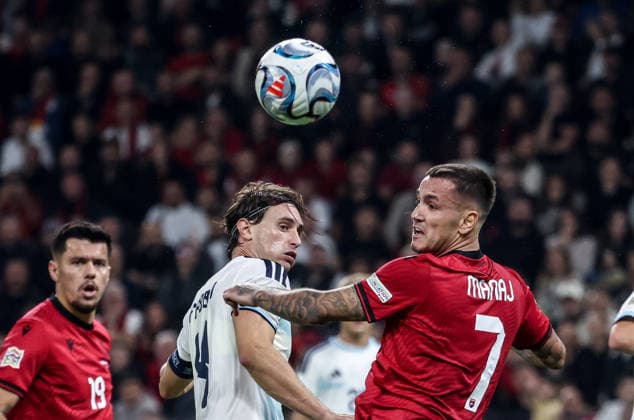 Albania vs San Marino UEFA Nations League 2026-2027 Group C1 Rei Manaj of Albania and Filippo Fabbri of San Marino in action during the UEFA Nations League 2026-2027 group phase match between Albania and San Marino in Tirana, Albania on October 6, 2026 Tirana Albania  Copyright: xArmandoxBabanix