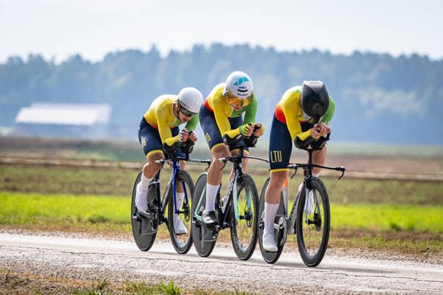 Lithuania: UEC Road cycling, Rad, Radsport, Strasse European Championships - Ljubljana 2026 VALINSKAS Kasparas - MEDELINSKAS Martynas - KUBILIUS Matas ( LTU ) Lithuania Querformat - quer - horizontal - Landscape - Event Veranstaltung: UEC Road Cycling European Championships 2026 Ljubljana - Category Kategorie: Cycling - Road Cycling European Championships - Mixed Relay Men and Women Junior U19 - Location Ort: Europe Slovenia - Sencur - Å enÄur - Discipline: Mixed Relay ( MR ) - Distance: 44 km - Date Datum: 06.10.2026 Tuesday Day 4 -
