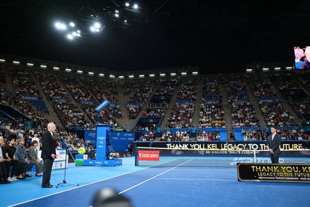 (L-R) Masaaki Morita, Kei Nishikori, OCTOBER 6, 2026 - Tennis : Kinoshita Group Japan Open Tennis Championships 2026 Kei Nishikori Tribute Ceremony at Ariake Coliseum, Tokyo, Japan. Noxthirdxpartyxsales  aflo_353766405 KenjiroxMatsuox