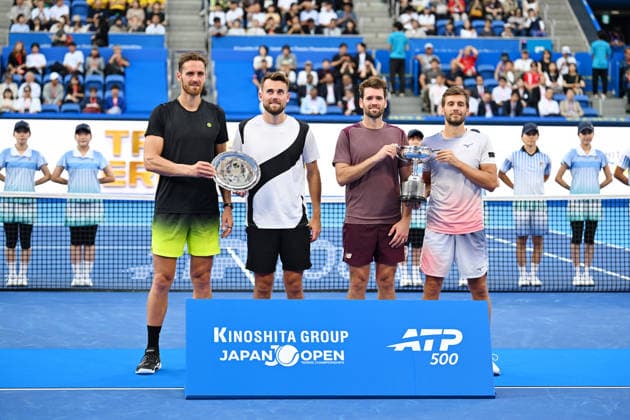 (L-R) Theo ARRIBAGE & Albano OLIVETTI (FRA), Austin KRAJICEK (USA) & Nikola MEKTIC (CRO), OCTOBER 6, 2026 - Tennis : Kinoshita Group Japan Open Tennis Championships 2026 Men s Doubles Award ceremony at Ariake Coliseum, Tokyo, Japan. Noxthirdxpartyxsales  aflo_353767208 KenjiroxMatsuox