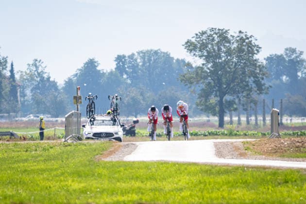 Poland: UEC Road cycling, Rad, Radsport, Strasse European Championships - Ljubljana 2026 MITORAJ Igor - LEGIEÄÜ MikoÅ‚aj - BÅASZAK Mateusz ( POL ) Poland Querformat - quer - horizontal - Landscape - Event Veranstaltung: UEC Road Cycling European Championships 2026 Ljubljana - Category Kategorie: Cycling - Road Cycling European Championships - Mixed Relay Men and Women Junior U19 - Location Ort: Europe Slovenia - Sencur - Å enÄur - Discipline: Mixed Relay ( MR ) - Distance: 44 km - Date Datum: 06.10.2026 Tuesday Day 4 -