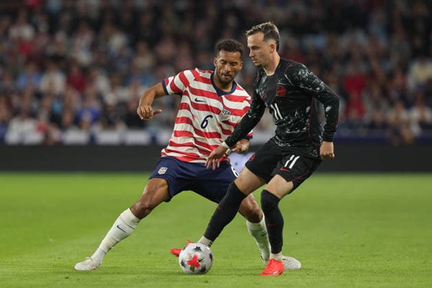 SAINT PAUL, MN - OCTOBER 06: United States™ Auston Trusty (6) and Canada™s Liam Millar (11) battle for the ball during the first half of the men™s friendly match between the U.S. national team, Nationalteam and Canada™s national team on October 6th, 2026, at Allianz Field in Saint Paul, MN. (Photo by Bailey Hillesheim Icon Sportswire) SOCCER: OCT 06 USA vs Canada EDITORIAL USE ONLY Icon20261006002