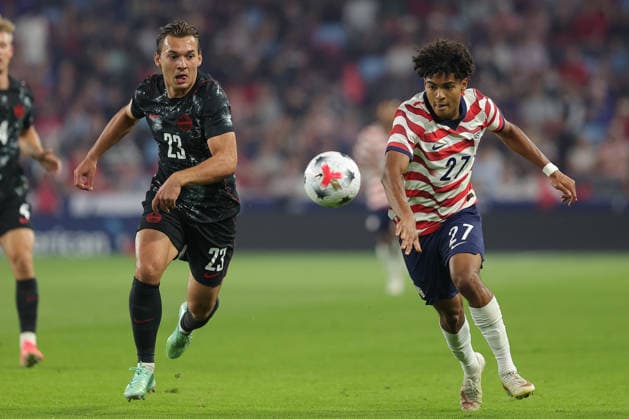 SAINT PAUL, MN - OCTOBER 06: United States Mathis Albert (27) and Canada™s Niko Sigur (23) run after the ball during the first half of the men™s friendly match between the U.S. national team, Nationalteam and Canada™s national team on October 6th, 2026, at Allianz Field in Saint Paul, MN. (Photo by Bailey Hillesheim Icon Sportswire) SOCCER: OCT 06 USA vs Canada EDITORIAL USE ONLY Icon20261006003