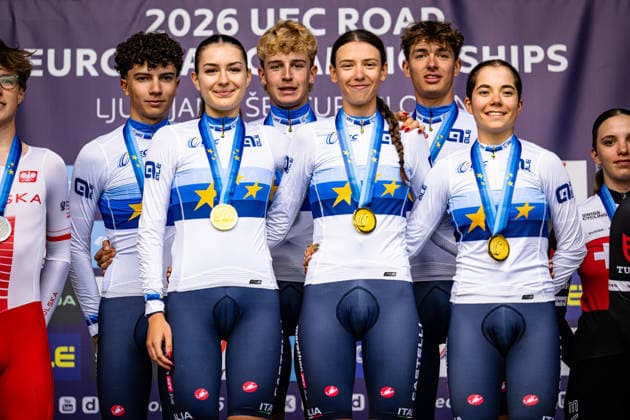 Italy: UEC Road cycling, Rad, Radsport, Strasse European Championships - Ljubljana 2026 ROSSIGNOLI Matilde - BIANCHI Elisa - BALLAN Azzurra - PEZZO ROSOLA Patrik - FEDRIZZI Brandon - BALLIANA Enrico Andrea ( ITA ) Italy Winner - First Place - Award Ceremony Medal Ceremony Podium - Querformat - quer - horizontal - Landscape - Event Veranstaltung: UEC Road Cycling European Championships 2026 Ljubljana - Category Kategorie: Cycling - Road Cycling European Championships - Mixed Relay Men and Women Junior U19 - Location Ort: Europe Slovenia - Sencur - Å enÄur - Discipline: Mixed Relay ( MR ) - Distance: 44 km - Date Datum: 06.10.2026 Tuesday Day 4 -