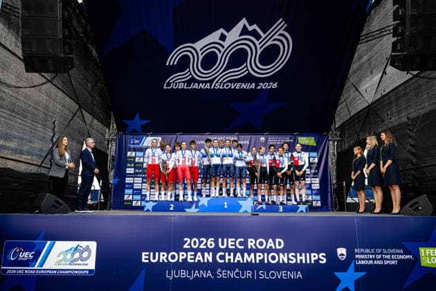 Poland, Italy, Switzerland: UEC Road cycling, Rad, Radsport, Strasse European Championships - Ljubljana 2026 SÅOMKA Kinga - SZYMANSKA Amelia - SEKTA Agata - MITORAJ Igor - LEGIEÄÜ MikoÅ‚aj - BÅASZAK Mateusz ( POL ) Poland Second Place - ROSSIGNOLI Matilde - BIANCHI Elisa - BALLAN Azzurra - PEZZO ROSOLA Patrik - FEDRIZZI Brandon - BALLIANA Enrico Andrea ( ITA ) Italy Winner - First Place - ROUSSEAUX Valentine - MARTHE Elia - HUNZIKER Joline - SALAMIN Antoine - MÜLLER Gian - LINGENHAG Laurin ( SUI ) Switzerland Third Place - Award Ceremony Medal Ceremony Podium - Querformat - quer - horizontal - Landscape - Event Veranstaltung: UEC Road Cycling European Championships 2026 Ljubljana - Category Kategorie: Cycling - Road Cycling European Championships - Mixed Relay Men and Women Junior U19 - Location Ort: Europe Slovenia - Sencur - Å enÄur - Discipline: Mixed Relay ( MR ) - Distance: 44 km - Date Datum: 06.10.2026 Tuesday Day 4 -