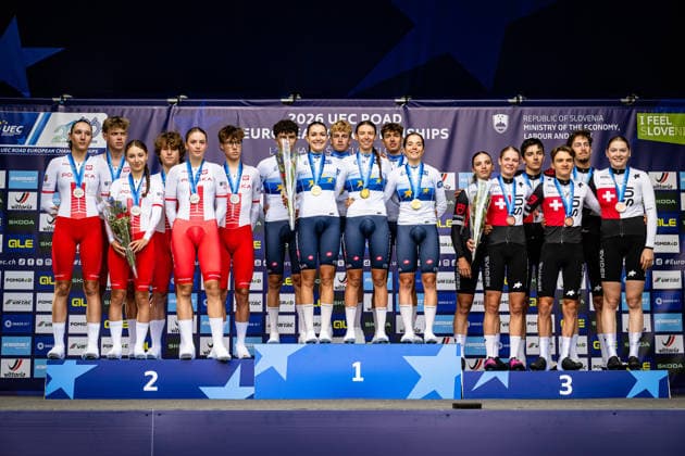 Poland, Italy, Switzerland: UEC Road cycling, Rad, Radsport, Strasse European Championships - Ljubljana 2026 SÅOMKA Kinga - SZYMANSKA Amelia - SEKTA Agata - MITORAJ Igor - LEGIEÄÜ MikoÅ‚aj - BÅASZAK Mateusz ( POL ) Poland Second Place - ROSSIGNOLI Matilde - BIANCHI Elisa - BALLAN Azzurra - PEZZO ROSOLA Patrik - FEDRIZZI Brandon - BALLIANA Enrico Andrea ( ITA ) Italy Winner - First Place - ROUSSEAUX Valentine - MARTHE Elia - HUNZIKER Joline - SALAMIN Antoine - MÜLLER Gian - LINGENHAG Laurin ( SUI ) Switzerland Third Place - Award Ceremony Medal Ceremony Podium - Querformat - quer - horizontal - Landscape - Event Veranstaltung: UEC Road Cycling European Championships 2026 Ljubljana - Category Kategorie: Cycling - Road Cycling European Championships - Mixed Relay Men and Women Junior U19 - Location Ort: Europe Slovenia - Sencur - Å enÄur - Discipline: Mixed Relay ( MR ) - Distance: 44 km - Date Datum: 06.10.2026 Tuesday Day 4 -