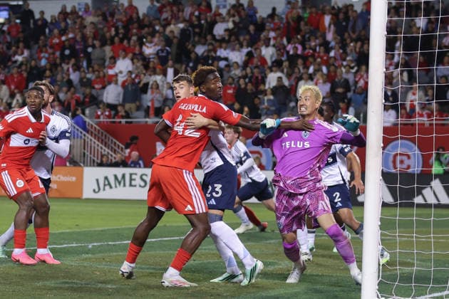 CHICAGO, USA - October 6: Dje D’Avilla (42 Chicago Fire FC) impedes Yohei Takaoka (1 Vancouver Whitecaps FC) during the Major League Soccer game between Chicago Fire FC and Vancouver Whitecaps FC at Soldier Field on Tuesday October 6 in Chicago, USA Copyright: xShainaxBenhiyoun SPPx Sportspressphoto_SPR247848
