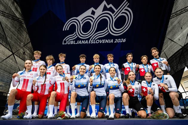 Poland, Italy, Switzerland: UEC Road cycling, Rad, Radsport, Strasse European Championships - Ljubljana 2026 SÅOMKA Kinga - SZYMANSKA Amelia - SEKTA Agata - MITORAJ Igor - LEGIEÄÜ MikoÅ‚aj - BÅASZAK Mateusz ( POL ) Poland Second Place - ROSSIGNOLI Matilde - BIANCHI Elisa - BALLAN Azzurra - PEZZO ROSOLA Patrik - FEDRIZZI Brandon - BALLIANA Enrico Andrea ( ITA ) Italy Winner - First Place - ROUSSEAUX Valentine - MARTHE Elia - HUNZIKER Joline - SALAMIN Antoine - MÜLLER Gian - LINGENHAG Laurin ( SUI ) Switzerland Third Place - Award Ceremony Medal Ceremony Podium - Querformat - quer - horizontal - Landscape - Event Veranstaltung: UEC Road Cycling European Championships 2026 Ljubljana - Category Kategorie: Cycling - Road Cycling European Championships - Mixed Relay Men and Women Junior U19 - Location Ort: Europe Slovenia - Sencur - Å enÄur - Discipline: Mixed Relay ( MR ) - Distance: 44 km - Date Datum: 06.10.2026 Tuesday Day 4 -