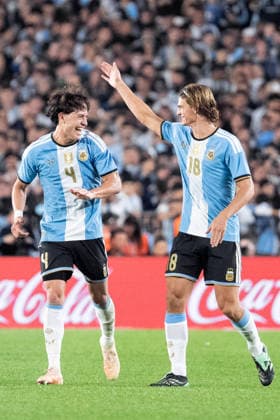 BUENOS AIRES, ARGENTINA - OCTOBER 06: Nico Paz of Argentina (R) celebrates after scoring the team s second goal with Agustin Giay of Argentina (L) during the International Friendly, Länderspiel, Nationalmannschaft football match between Argentina and Benin at Estadio Monumental Antonio V. Liberti on October 06, 2026 in Buenos Aires, Argentina. (Photo by Richard Callis Sports Press Photo) Copyright: xRichardxCallis SportsxPressxPhotox Sportspressphoto_SPR247914