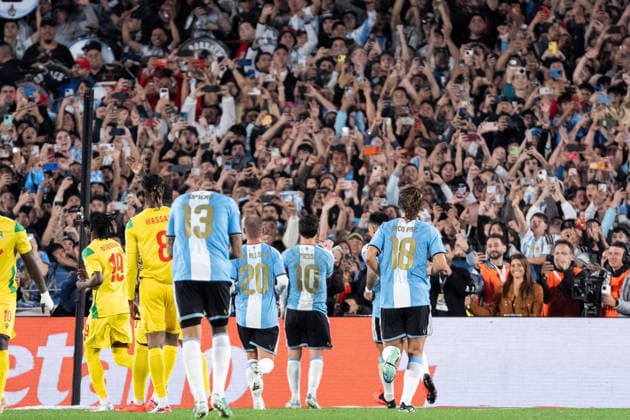 BUENOS AIRES, ARGENTINA - OCTOBER 06: Lionel Messi of Argentina celebrates after scoring the team s third goal during the International Friendly, Länderspiel, Nationalmannschaft football match between Argentina and Benin at Estadio Monumental Antonio V. Liberti on October 06, 2026 in Buenos Aires, Argentina. (Photo by Richard Callis Sports Press Photo) Copyright: xRichardxCallis SportsxPressxPhotox Sportspressphoto_SPR247919