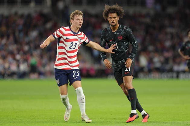 SAINT PAUL, MN - OCTOBER 06: United States Joe Scally (23) and Canada™s Jonathan Osorio (21) battle for position during the second half of the men™s friendly match between the U.S. national team, Nationalteam and Canada™s national team on October 6th, 2026, at Allianz Field in Saint Paul, MN. (Photo by Bailey Hillesheim Icon Sportswire) SOCCER: OCT 06 USA vs Canada EDITORIAL USE ONLY Icon20261006026