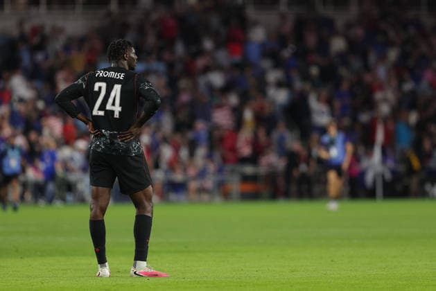 SAINT PAUL, MN - OCTOBER 06: Canada™s Promise David (24) looks on after losing the men™s friendly match between the U.S. national team, Nationalteam and Canada™s national team on October 6th, 2026, at Allianz Field in Saint Paul, MN. (Photo by Bailey Hillesheim Icon Sportswire) SOCCER: OCT 06 USA vs Canada EDITORIAL USE ONLY Icon20261006030