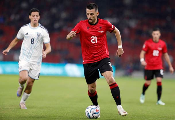 UEFA Nations League Qualifier Albania vs San Marino in Tirana, Albania. Arber Hoxha of Albania (R) fights for the ball with Lorenzo Capicchioni of San Marino (L) during the UEFA Nations League Group C match between Albania and Belarus at Air Albania Stadium in Tirana, Albania, on October 6, 2026. Light Studio Agency Malton Dibra Tirana Albania Copyright: xLightxStudioxAgencyx xMaltonxDibrax