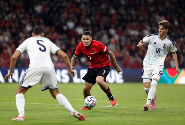 UEFA Nations League Qualifier Albania vs San Marino in Tirana, Albania. Rei Manaj of Albania (C) fights for the ball with Enea Della Balda (R) of San Marino during the UEFA Nations League Group C match between Albania and Belarus at Air Albania Stadium in Tirana, Albania, on October 6, 2026. Light Studio Agency Malton Dibra Tirana Albania Copyright: xLightxStudioxAgencyx xMaltonxDibrax