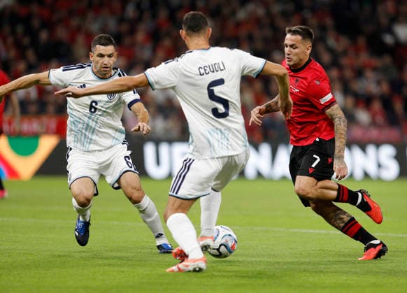 UEFA Nations League Qualifier Albania vs San Marino in Tirana, Albania. Rei Manaj of Albania (R) fights for the ball with Dante Rossi (L) of San Marino during the UEFA Nations League Group C match between Albania and Belarus at Air Albania Stadium in Tirana, Albania, on October 6, 2026. Light Studio Agency Malton Dibra Tirana Albania Copyright: xLightxStudioxAgencyx xMaltonxDibrax