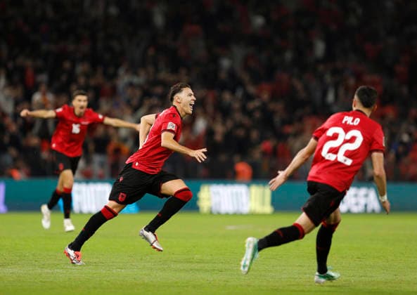 UEFA Nations League Qualifier Albania vs San Marino in Tirana, Albania. Kristjan Asllani of Albania (C) celebrates his first goal during the UEFA Nations League Group C match between Albania and Belarus at Air Albania Stadium in Tirana, Albania, on October 6, 2026. Light Studio Agency Malton Dibra Tirana Albania Copyright: xLightxStudioxAgencyx xMaltonxDibrax