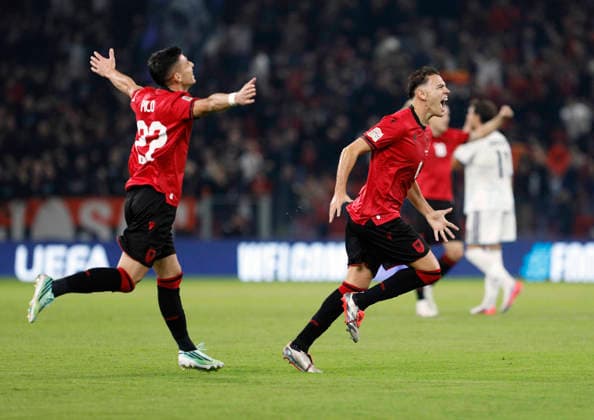 UEFA Nations League Qualifier Albania vs San Marino in Tirana, Albania. Kristjan Asllani of Albania (R) celebrates his first goal during the UEFA Nations League Group C match between Albania and Belarus at Air Albania Stadium in Tirana, Albania, on October 6, 2026. Light Studio Agency Malton Dibra Tirana Albania Copyright: xLightxStudioxAgencyx xMaltonxDibrax