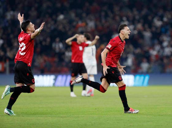 UEFA Nations League Qualifier Albania vs San Marino in Tirana, Albania. Kristjan Asllani of Albania (R) celebrates his first goal during the UEFA Nations League Group C match between Albania and Belarus at Air Albania Stadium in Tirana, Albania, on October 6, 2026. Light Studio Agency Malton Dibra Tirana Albania Copyright: xLightxStudioxAgencyx xMaltonxDibrax