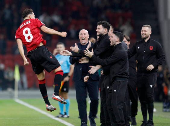 UEFA Nations League Qualifier Albania vs San Marino in Tirana, Albania. Kristjan Asllani of Albania and Albania head coach Italian Rolando Maran celebrate the first goal during the UEFA Nations League Group C match between Albania and Belarus at Air Albania Stadium in Tirana, Albania, on October 6, 2026. Light Studio Agency Malton Dibra Tirana Albania Copyright: xLightxStudioxAgencyx xMaltonxDibrax