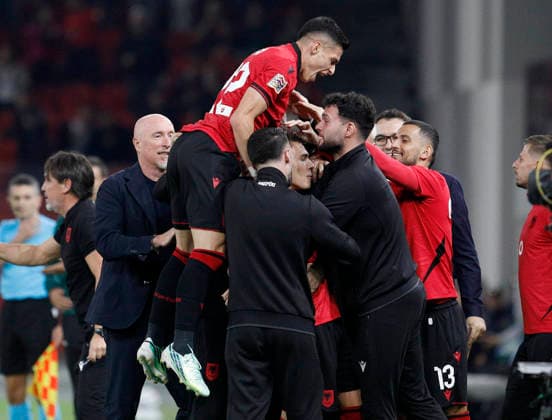 UEFA Nations League Qualifier Albania vs San Marino in Tirana, Albania. Albanian players and Albania head coach Italian Rolando Maran celebrate the first goal during the UEFA Nations League Group C match between Albania and Belarus at Air Albania Stadium in Tirana, Albania, on October 6, 2026. Light Studio Agency Malton Dibra Tirana Albania Copyright: xLightxStudioxAgencyx xMaltonxDibrax