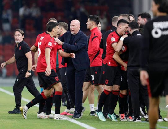 UEFA Nations League Qualifier Albania vs San Marino in Tirana, Albania. Albanian players and Albania head coach Italian Rolando Maran celebrate the first goal during the UEFA Nations League Group C match between Albania and Belarus at Air Albania Stadium in Tirana, Albania, on October 6, 2026. Light Studio Agency Malton Dibra Tirana Albania Copyright: xLightxStudioxAgencyx xMaltonxDibrax