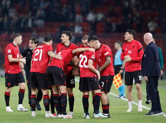 UEFA Nations League Qualifier Albania vs San Marino in Tirana, Albania. Albanian players celebrate the first goal during the UEFA Nations League Group C match between Albania and Belarus at Air Albania Stadium in Tirana, Albania, on October 6, 2026. Light Studio Agency Malton Dibra Tirana Albania Copyright: xLightxStudioxAgencyx xMaltonxDibrax