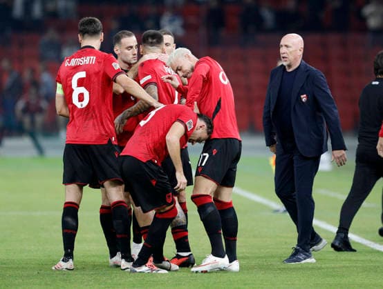 UEFA Nations League Qualifier Albania vs San Marino in Tirana, Albania. Albanian players and Albania head coach Italian Rolando Maran celebrate the first goal during the UEFA Nations League Group C match between Albania and Belarus at Air Albania Stadium in Tirana, Albania, on October 6, 2026. Light Studio Agency Malton Dibra Tirana Albania Copyright: xLightxStudioxAgencyx xMaltonxDibrax