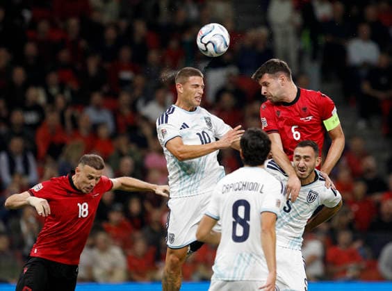 UEFA Nations League Qualifier Albania vs San Marino in Tirana, Albania. Berat Djimsiti of Albania (R) and Samuele Zannoni of San Marino (L) jump for the ball during the UEFA Nations League Group C match between Albania and Belarus at Air Albania Stadium in Tirana, Albania, on October 6, 2026. Light Studio Agency Malton Dibra Tirana Albania Copyright: xLightxStudioxAgencyx xMaltonxDibrax