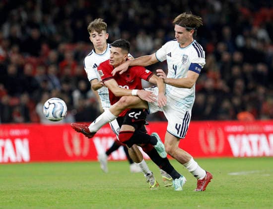 UEFA Nations League Qualifier Albania vs San Marino in Tirana, Albania. Stavro Pilo of Albania (C) and Filippo Fabbri (R) and Cristian Meloni (L) of San Marino fight for the ball during the UEFA Nations League Group C match between Albania and Belarus at Air Albania Stadium in Tirana, Albania, on October 6, 2026. Light Studio Agency Malton Dibra Tirana Albania Copyright: xLightxStudioxAgencyx xMaltonxDibrax