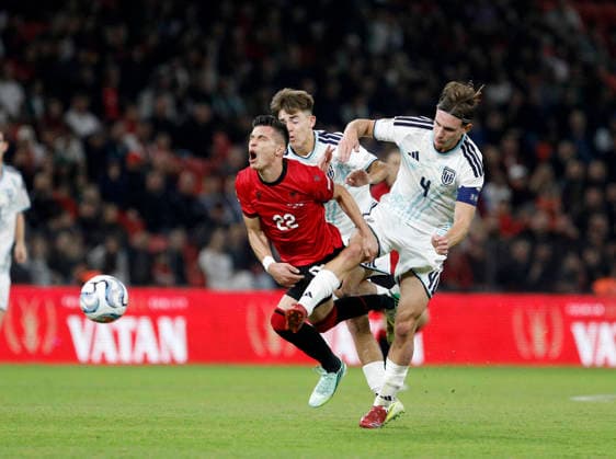 UEFA Nations League Qualifier Albania vs San Marino in Tirana, Albania. Stavro Pilo of Albania (C) and Filippo Fabbri (R) and Cristian Meloni (L) of San Marino fight for the ball during the UEFA Nations League Group C match between Albania and Belarus at Air Albania Stadium in Tirana, Albania, on October 6, 2026. Light Studio Agency Malton Dibra Tirana Albania Copyright: xLightxStudioxAgencyx xMaltonxDibrax