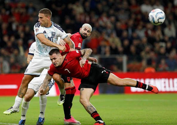 UEFA Nations League Qualifier Albania vs San Marino in Tirana, Albania. Rei Manaj of Albania (R) and Samuele Zannoni of San Marino (L) fight for the ball during the UEFA Nations League Group C match between Albania and Belarus at Air Albania Stadium in Tirana, Albania, on October 6, 2026. Light Studio Agency Malton Dibra Tirana Albania Copyright: xLightxStudioxAgencyx xMaltonxDibrax