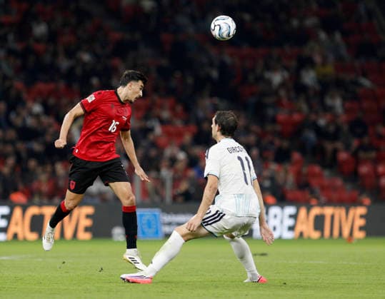 UEFA Nations League Qualifier Albania vs San Marino in Tirana, Albania. Juljan Shehu of Albania (L) and Nicolas Giacopetti of San Marino (L) fight for the ball during the UEFA Nations League Group C match between Albania and Belarus at Air Albania Stadium in Tirana, Albania, on October 6, 2026. Light Studio Agency Malton Dibra Tirana Albania Copyright: xLightxStudioxAgencyx xMaltonxDibrax