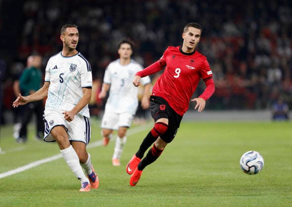 UEFA Nations League Qualifier Albania vs San Marino in Tirana, Albania. Anis Mehmeti of Albania (R) and Michele Cevolii of San Marino (L) fight for the ball during the UEFA Nations League Group C match between Albania and Belarus at Air Albania Stadium in Tirana, Albania, on October 6, 2026. Light Studio Agency Malton Dibra Tirana Albania Copyright: xLightxStudioxAgencyx xMaltonxDibrax