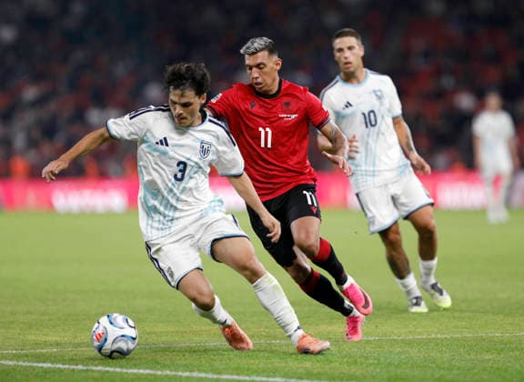 UEFA Nations League Qualifier Albania vs San Marino in Tirana, Albania. Myrto Uzuni of Albania (C) and Samuele Zannoni (R) and Simone Giocondi (L) of San Marino (R) fight for the ball during the UEFA Nations League Group C match between Albania and Belarus at Air Albania Stadium in Tirana, Albania, on October 6, 2026. Light Studio Agency Malton Dibra Tirana Albania Copyright: xLightxStudioxAgencyx xMaltonxDibrax