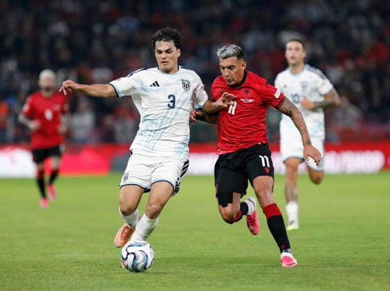 UEFA Nations League Qualifier Albania vs San Marino in Tirana, Albania. Myrto Uzuni of Albania (R) and Simone Giocondi of San Marino (L) fight for the ball during the UEFA Nations League Group C match between Albania and Belarus at Air Albania Stadium in Tirana, Albania, on October 6, 2026. Light Studio Agency Malton Dibra Tirana Albania Copyright: xLightxStudioxAgencyx xMaltonxDibrax