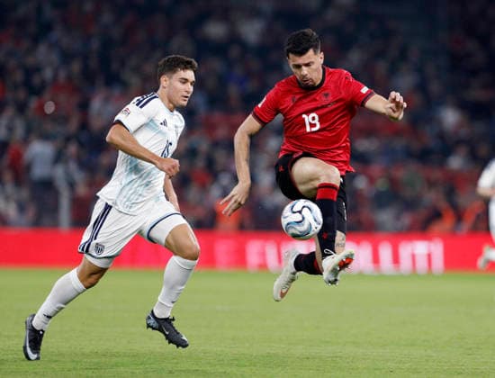 UEFA Nations League Qualifier Albania vs San Marino in Tirana, Albania. Mirlind Daku of Albania (R) and Marco Pasolini of San Marino (L) fight for the ball during the UEFA Nations League Group C match between Albania and Belarus at Air Albania Stadium in Tirana, Albania, on October 6, 2026. Light Studio Agency Malton Dibra Tirana Albania Copyright: xLightxStudioxAgencyx xMaltonxDibrax