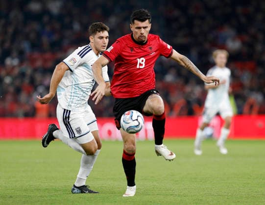 UEFA Nations League Qualifier Albania vs San Marino in Tirana, Albania. Mirlind Daku of Albania (R) and Marco Pasolini of San Marino (L) fight for the ball during the UEFA Nations League Group C match between Albania and Belarus at Air Albania Stadium in Tirana, Albania, on October 6, 2026. Light Studio Agency Malton Dibra Tirana Albania Copyright: xLightxStudioxAgencyx xMaltonxDibrax