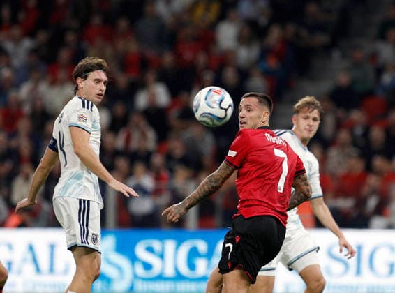 UEFA Nations League Qualifier Albania vs San Marino in Tirana, Albania. Rei Manaj of Albania (C) and Filippo Fabbri of San Marino (L) fight for the ball during the UEFA Nations League Group C match between Albania and Belarus at Air Albania Stadium in Tirana, Albania, on October 6, 2026. Light Studio Agency Malton Dibra Tirana Albania Copyright: xLightxStudioxAgencyx xMaltonxDibrax