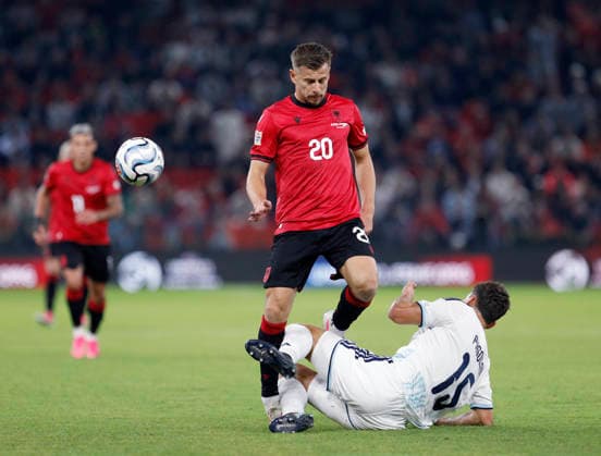 UEFA Nations League Qualifier Albania vs San Marino in Tirana, Albania. Ylber Ramadani of Albania (L) and Marco Pasolini of San Marino (R) fight for the ball during the UEFA Nations League Group C match between Albania and Belarus at Air Albania Stadium in Tirana, Albania, on October 6, 2026. Light Studio Agency Malton Dibra Tirana Albania Copyright: xLightxStudioxAgencyx xMaltonxDibrax