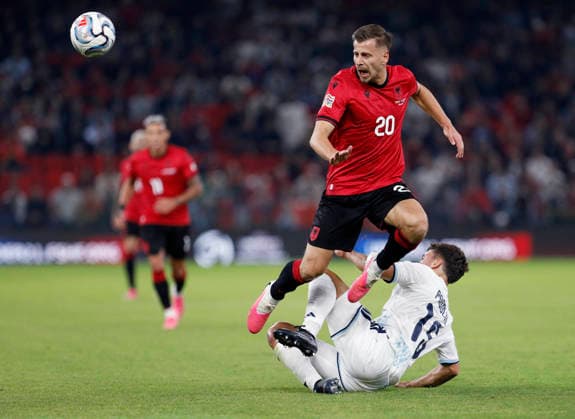 UEFA Nations League Qualifier Albania vs San Marino in Tirana, Albania. Ylber Ramadani of Albania (L) and Marco Pasolini of San Marino (R) fight for the ball during the UEFA Nations League Group C match between Albania and Belarus at Air Albania Stadium in Tirana, Albania, on October 6, 2026. Light Studio Agency Malton Dibra Tirana Albania Copyright: xLightxStudioxAgencyx xMaltonxDibrax