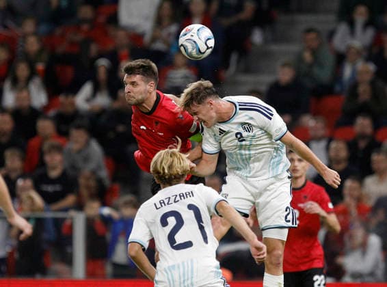 UEFA Nations League Qualifier Albania vs San Marino in Tirana, Albania. Berat Djimsiti of Albania (L) and Giacomo Benvenuti of San Marino (R) fight for the ball during the UEFA Nations League Group C match between Albania and Belarus at Air Albania Stadium in Tirana, Albania, on October 6, 2026. Light Studio Agency Malton Dibra Tirana Albania Copyright: xLightxStudioxAgencyx xMaltonxDibrax