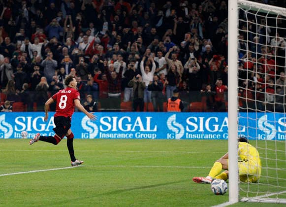 UEFA Nations League Qualifier Albania vs San Marino in Tirana, Albania. Kristjan Asllani of Albania (L) celebrates his second goal during the UEFA Nations League Group C match between Albania and Belarus at Air Albania Stadium in Tirana, Albania, on October 6, 2026. Light Studio Agency Malton Dibra Tirana Albania Copyright: xLightxStudioxAgencyx xMaltonxDibrax