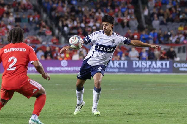 CHICAGO, USA - October 6: Mathias Laborda (2 Vancouver Whitecaps FC) shoots the ball during the Major League Soccer game between Chicago Fire FC and Vancouver Whitecaps FC at Soldier Field on Tuesday October 6 in Chicago, USA Copyright: xShainaxBenhiyoun SPPx Sportspressphoto_SPR247964