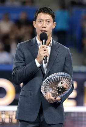 Tennis: Retirement ceremony for Nishikori Former world No. 4 Kei Nishikori speaks during his retirement ceremony at Ariake Tennis Forest Park in Tokyo on Oct. 6, 2026.  A14AA0005630270P