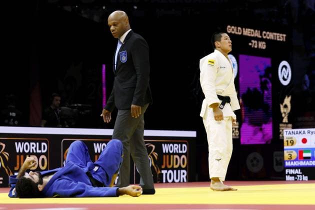 Judo: World championships Ryuga Tanaka (white) of Japan is pictured after beating Makhmadbek Makhmadbekov of the United Arabe Emirates in the men s 73-kilogram final at the judo world championships in Baku, Azerbaijan, on Oct. 6, 2026.  A14AA0005630276P