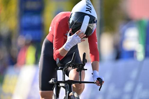 Luxembourg s Elena Lopes crosses the finish line of the Women Junior Individual Time Trial race (22km) at the cycling UEC Road European Championships, in Ljubljana, Slovenia, on Wednesday 7 October 2026. The UEC Road European Championships are taking place from 02 to 07 October in Ljubljana, Slovenia. DAVIDxPINTENS  x189032665x