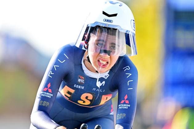 Spain s Alejandra Neira Dominguez crosses the finish line to win the Women Junior Individual Time Trial race (22km) at the cycling UEC Road European Championships, in Ljubljana, Slovenia, on Wednesday 7 October 2026. The UEC Road European Championships are taking place from 02 to 07 October in Ljubljana, Slovenia. DAVIDxPINTENS  x189033665x